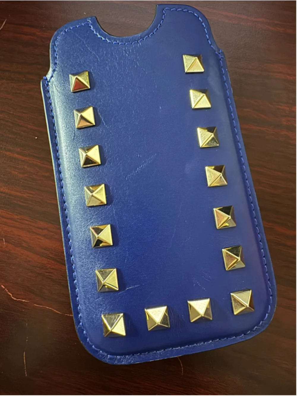 Valentino Garavani Blue Rockstud Leather Phone Sleeve Pouch Made in Italy